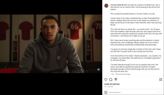 Trent Alexander-Arnold verkündet seinen Abschied von Liverpool via Social Media. Liverpool