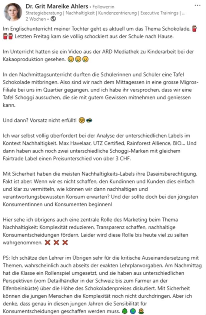 Mareike Ahlers führt auf Linkedin ihren Frust über Nachhaltigkeits-Labels der Schoggin in der Migros aus. Migros