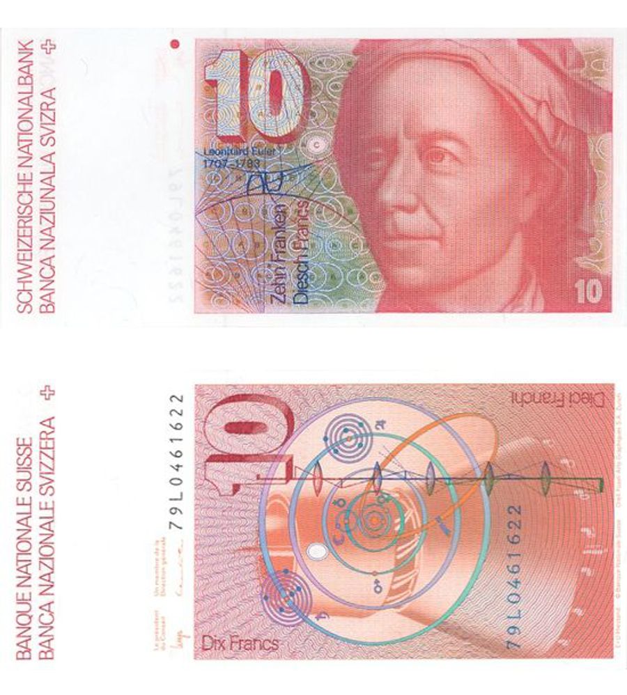 Die 10-Franken-Note der 6. Serie zeigt den Mathematiker Leonhard Euler (1707-1783). Auf der Rückseite sind eine Wasserturbine, das Sonnensystem und der Strahlengang in einem Linsensystem zu sehen.