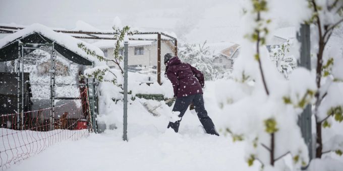 Eine Bewohnerin schaufelt den Schnee rund um den Huehnerstall im Weiler Valencon, am Donnerstag, 17. April 2025 bei Flanthey, Lens im Mittelwallis. Aufgrund der starken Niederschlaege gilt im Wallis hoechste Unwetter-Gefahrenstufe. schneefall