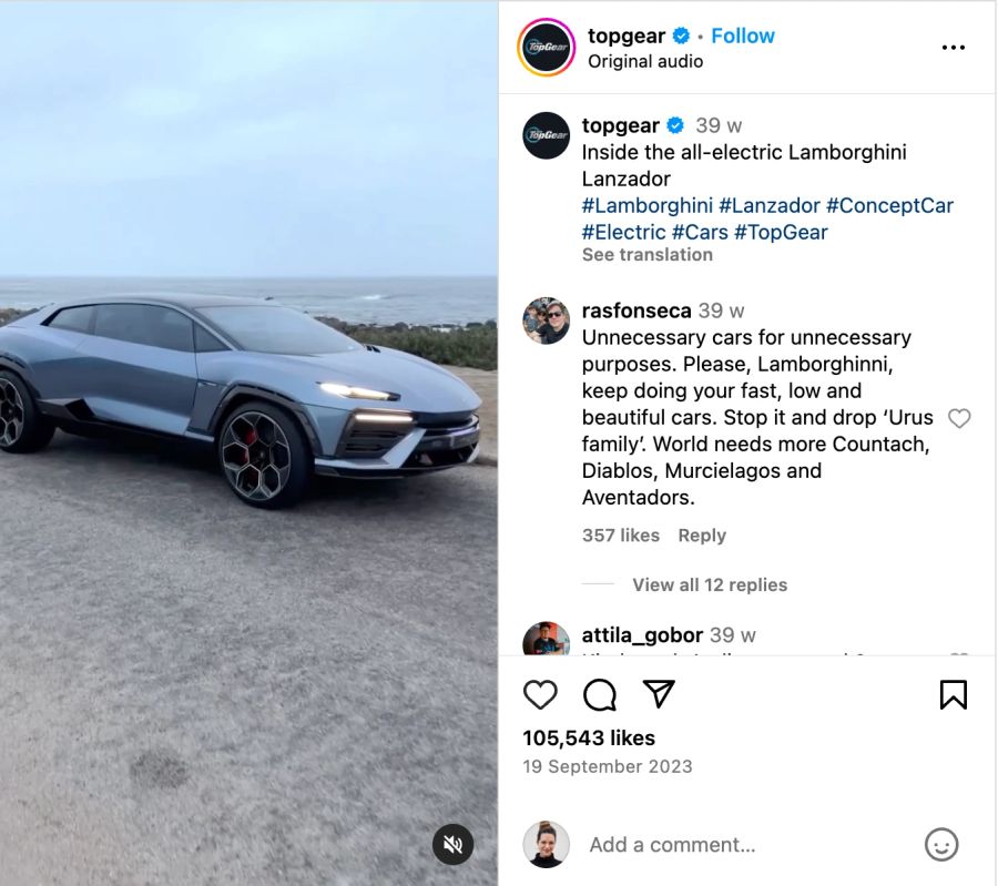 Instagram Post Electro-Sportwagen von Lamborghini.