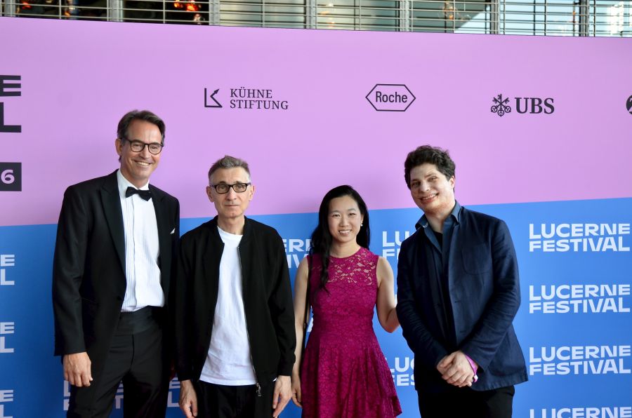 Festival-Intendant Sebastian Nordmann mit Komponist Mark Andre, «Artiste Étoile» Augustin Hadelich und Suxiao Yang.