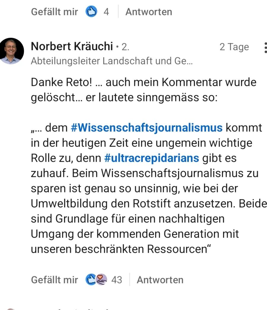 «Auch mein Kommentar wurde gelöscht», schreibt ein ETH-Abteilungsleiter auf Linkedin.