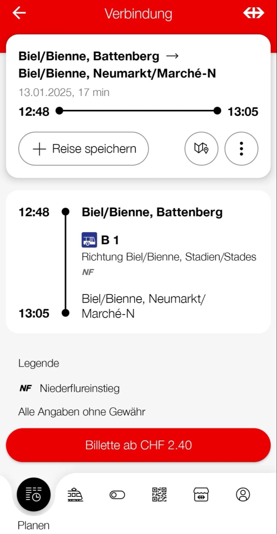 Eine Fahrt auf der genannten Biel-Strecke in der 2. Klasse – im Bus die genau gleiche – kostet nur 2.40 Franken.