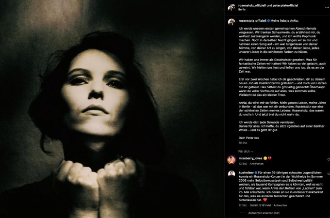 Freund und Band-Kollege Peter Plate trauer auf Instagram um die Rosenstolz-Sängerin AnNa R. rosenstolz sängerin anna r