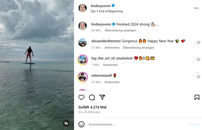 Lindsey Vonn stellt zum Jahresende ihre Surfkünste unter Beweis.