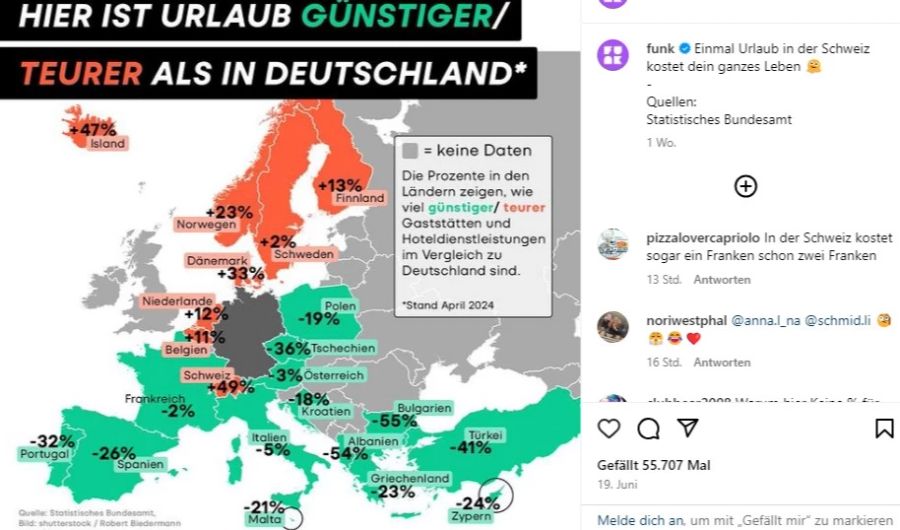 Diese Karte mit aktuellen Daten zeigt, wo Hotels und Restaurant-Besuche teurer oder billiger sind als in Deutschland. Die Schweiz schert obenaus.