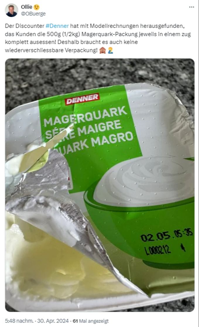 Ein X-User beschwert sich über den Quark von Denner. Denner