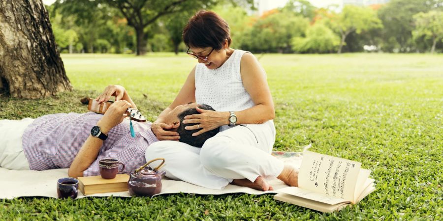 asiatisches, älteres paar im park gemeinsam, picknick