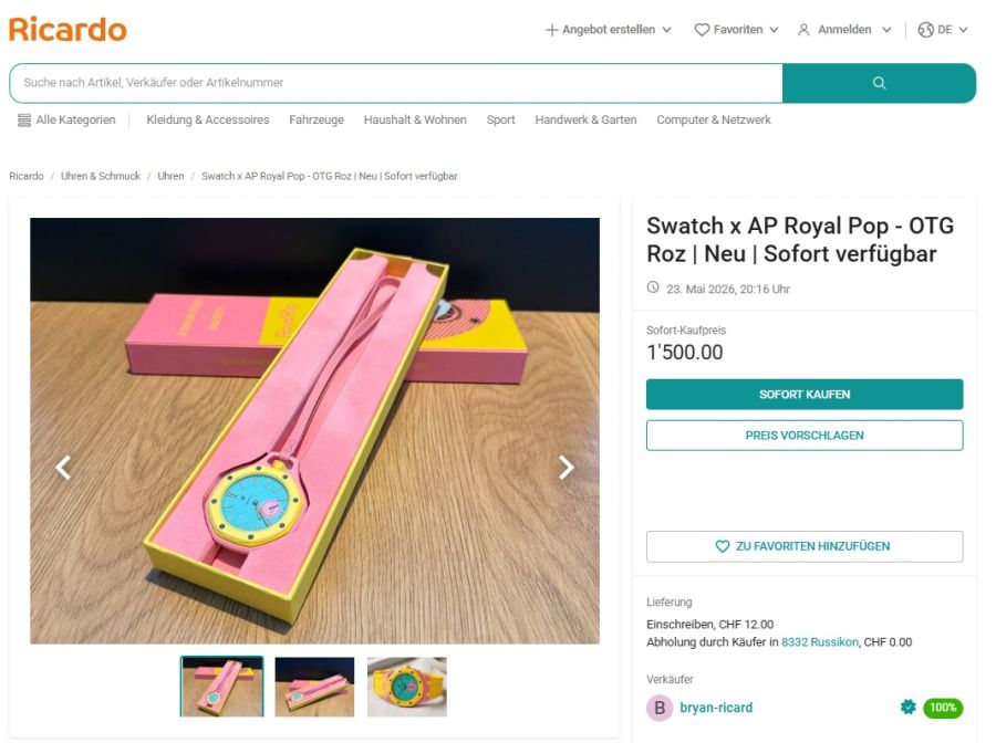 Auch dieses pink-gelbe Modell «OTG Roz» wird auf Ricardo zum Sofort-Kaufpreis von 1500 Franken angeboten – mehr als das Vierfache des Ladenpreises.
