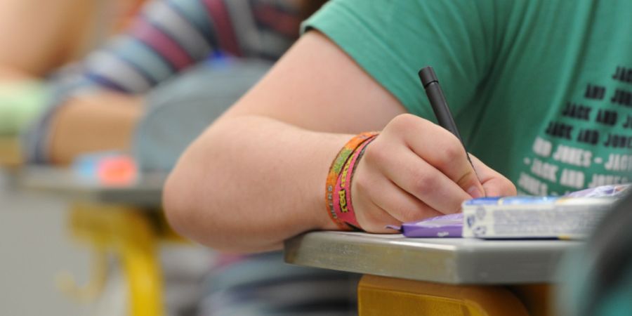 ARCHIV - Abiturienten eines achtjährigen Gymnasiums (G8) in Straubing (Bayern) schreiben die Abiturprüfung in Deutsch. Foto: Armin Weigel/dpa