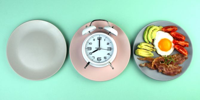 Drei Teller: eine rleer, einer mit einer Uhr, einer mit Essen.