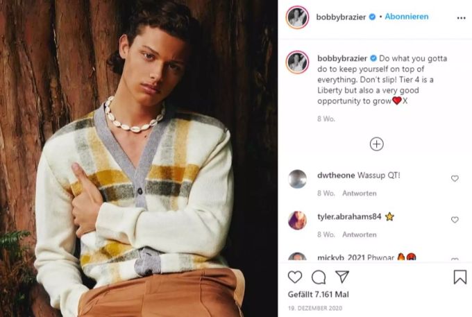 Bobby Brazier steht in den Anfängen einer Modelkarriere. bobby brazier