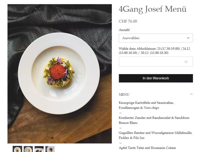 Das Restaurant Josef bietet ein vier Gänge Take-Away Menu für 76 Franken an. Josef
