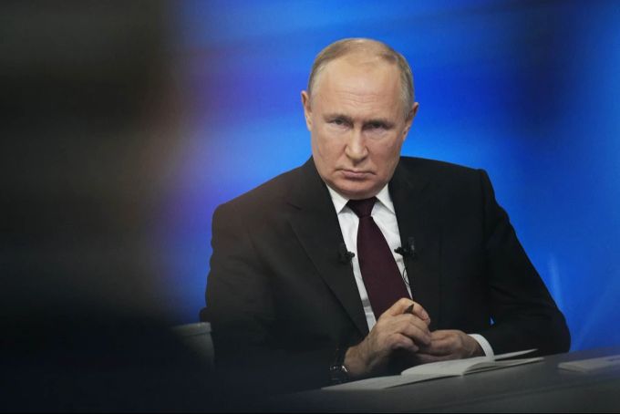 Der russische Präsident Wladimir Putin während seiner jährlichen Medienkonferenz in Moskau, am 14. Dezember 2023. Wladimir Putin Medienkonferenz