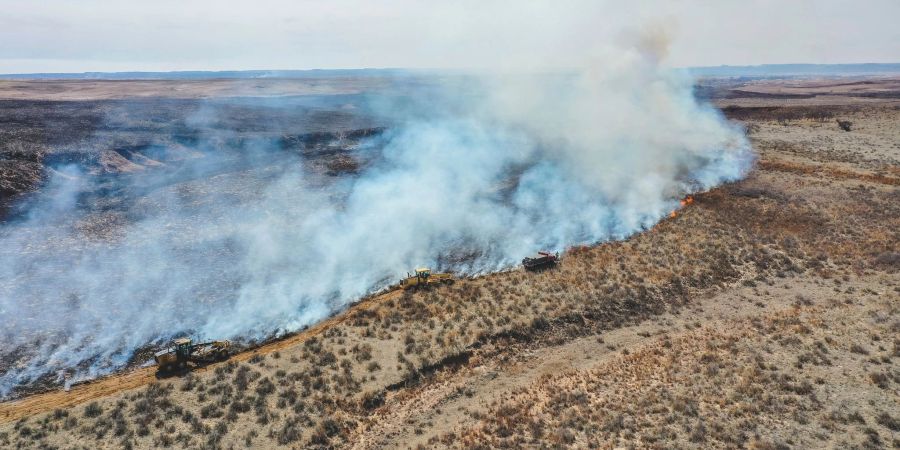 Feuerwehrleute bekämpfen das Smokehouse Creek Fire nördlich von Canadian im US-Bundesstaat Texas.