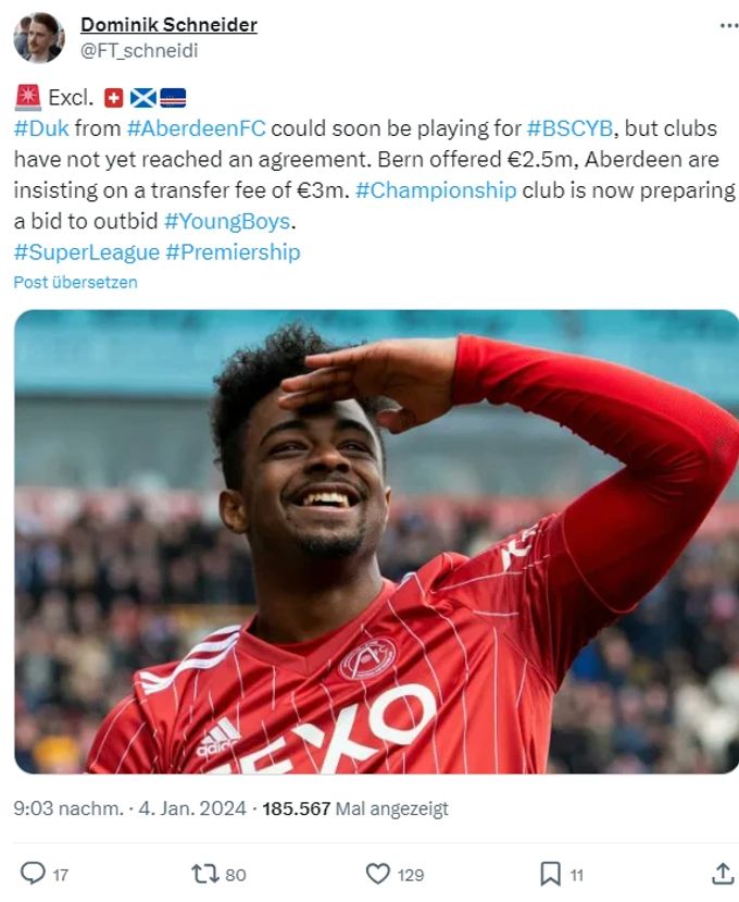 Wechselt Duk vom Aberdeen FC zu YB? yb