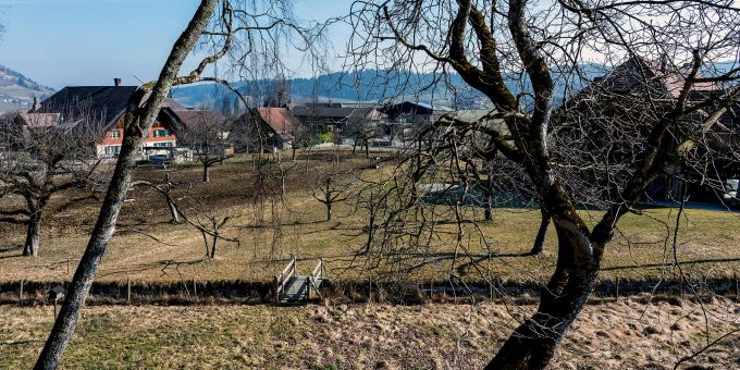 Landschaft bei Bowil mit Bauernhäusern. Landschaft bei Bowil mit Bauernhäusern.