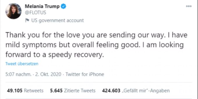 Melanie Trump habe nur milde Symptome. Melanie Trump
