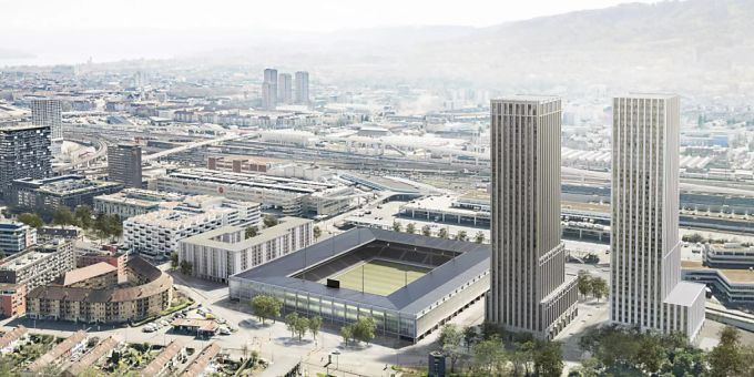 Das geplante Fussballstadion mit zwei Wohnhochhäusern. (Visualisierung) Stadion Zürich