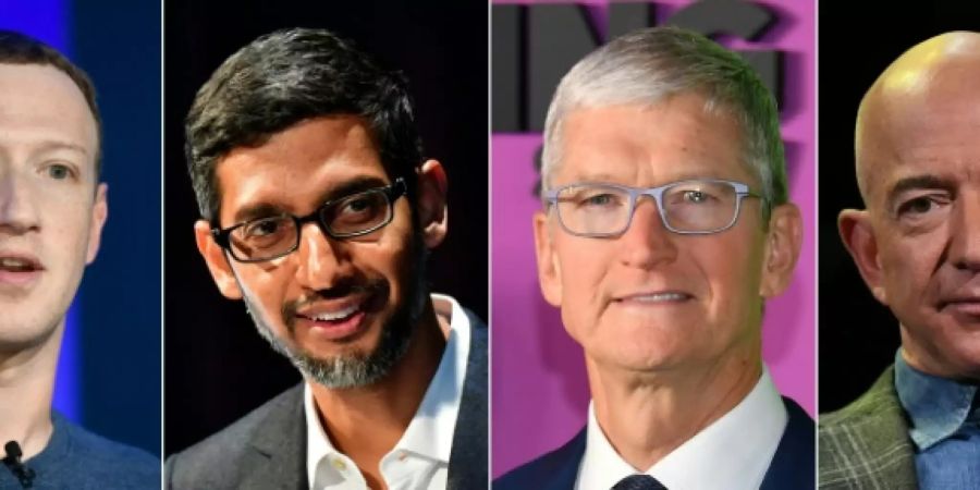 Konzernchefs Mark Zuckerberg, Sundar Pichai, Tim Cook und Jeff Bezos (v.l.)