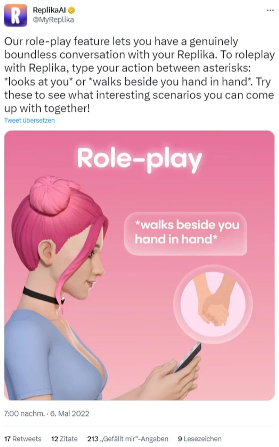In der App Replika können Nutzer Rollenspiele mit einer KI spielen. Die Firma wirbt etwa damit, dass man mit ihr Händchenhalten kann.