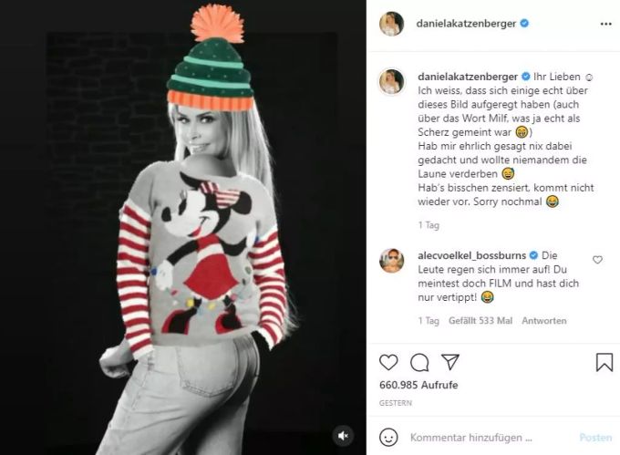 Mit Schlabberpulli und Mütze bedeckt Katzenberger das sexy Foto. dani