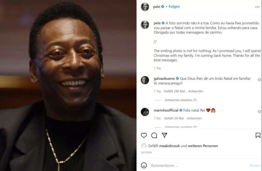 Pelé, der zuletzt im Spital war, schreibt zu diesem Bild: «Wie ich Euch versprochen habe, werde ich Weihnachten mit der Familie verbringen. Ich komme nach Hause, danke Euch allen für die lieben Glückwünsche.»