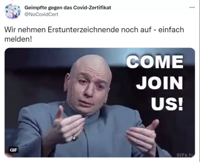 Das Komitee «Geimpfte gegen das Covid-Zertifikat» suchte mit einem Bild von Dr. Evil aus den «Austin Powers»-Filmen nach Erstunterzeichnenden. Covid-Zertifikat Nein Dr. Evil