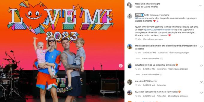Der Rapper Fedez hat mit der Influencerin Chiara Ferragni zwei Kinder. fedez
