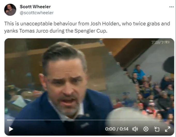 NHL-Reporter Scott Wheeler gehört zu jenen, die Holdens Gefühlsausbruch als «inakzeptables Verhalten» kritisieren. Wheeler