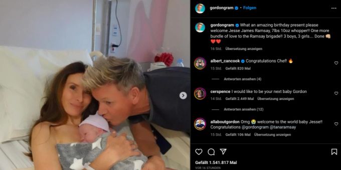 Mit diesem Post teilte der Star-Koch Gordon Ramsay sein Babyglück auf Instagram. gordon ramsay vater geworden