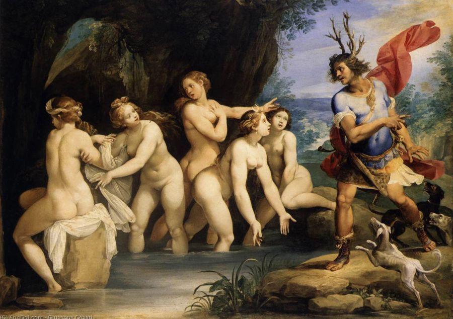 Die Lehrerin zeigte das Gemälde von Giuseppe Cesari «Diana and Actaeon» ihren Schülern.