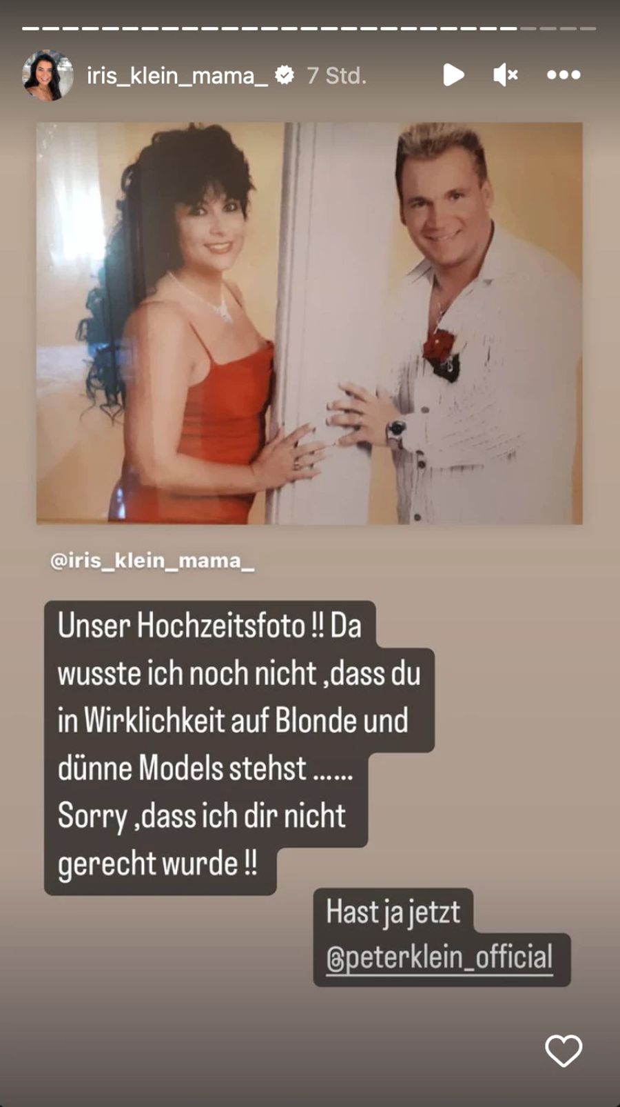 Iris Klein postet ein Hochzeitsfoto in ihrer Instagram-Story.