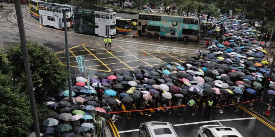 Mit Regenschirmen haben sich Hongkonger versammelt, um an einer von Lehrern organisiserten Demonstration teilzunehmen. Foto: Vincent Yu/AP