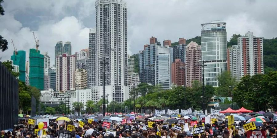 Teilnehmer einer Demonstration kommen zur Protestkundgebung im Victoria Park. Foto: Gregor Fischer