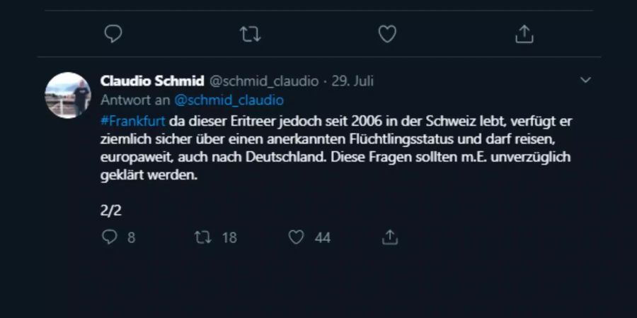 Claudio Schmid, Zürcher SVP-Kantonsrat, auf Twitter.