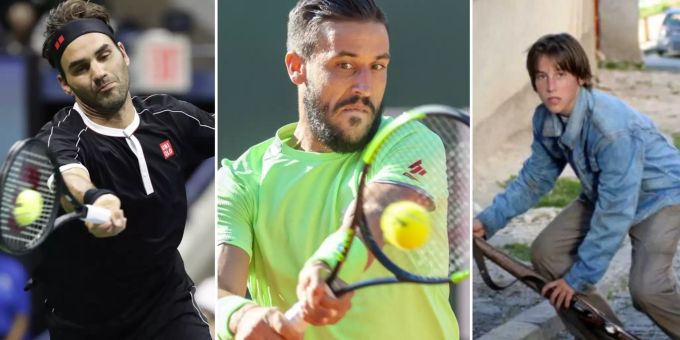 Links: Roger Federer im Match gegen Sumit Nagal. Mitte: Damir Dzumhur am ATP-Turnier von Genf. Rechts. Damir Dzumhur in seiner Rolle als Durcan in «Mörderischer Frieden». Roger Federer Damir Dzumhur