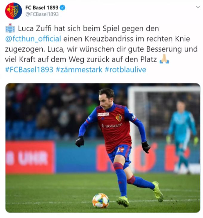 Der FCB wünscht Luca Zuffi via Twitter gute Besserung. FCB