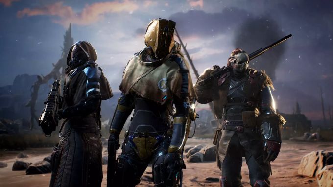 Drei Spielcharaktere posieren in der Wüste. Outsiders Shooter Wüste Menschen