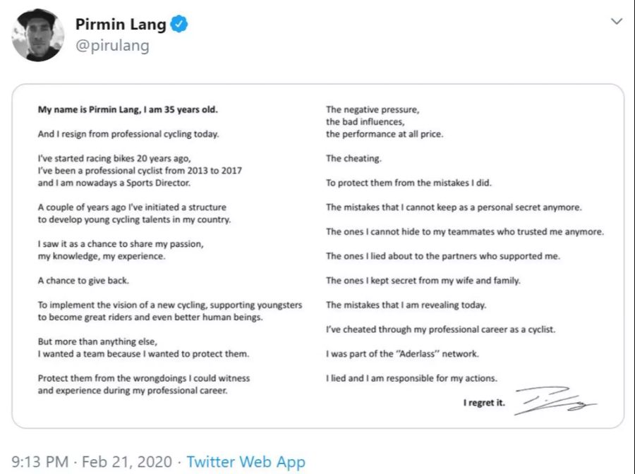 Pirmin Lang legt auf Twitter sein Dopinggeständnis ab.