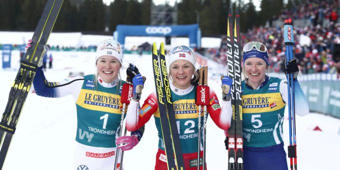 Im Sprint Einzel belegt Nadine Fähndrich (r.) beim Weltcup in Trondheim den dritten Platz. sprint nadine Fähndrich