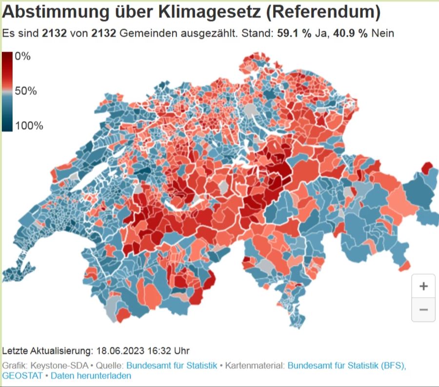 Gemeinde-Übersicht zur Abstimmung zum Klimaschutz-Gesetz.