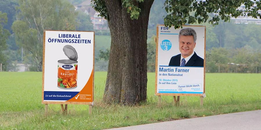 Schon vor vier Jahren trat Hero ebenfalls zur Wahl an und stellte Ravioli-Plakate neben Kandidatenwerbung verschiedener Parteien, hier der FDP.