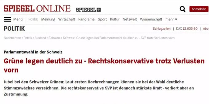 Spiegel Online titelt: «Grüne legen deutlich zu - Rechtskonservative trotz Verlusten vorn» Wahl Klimapolitik