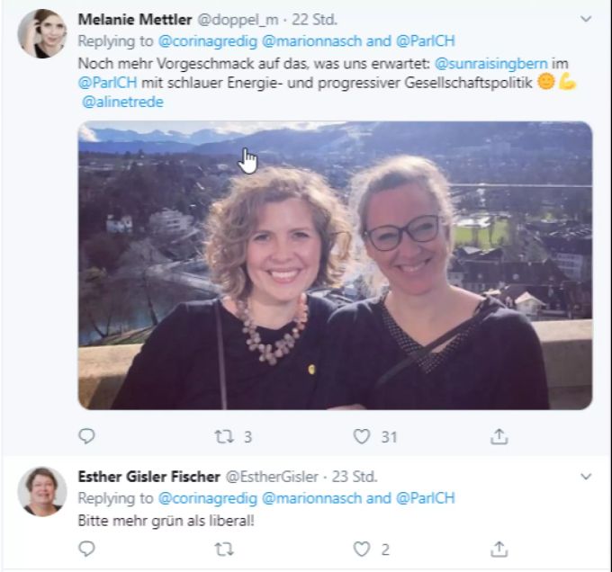 Die beiden Berner Nationalrätinnen Melanie Mettler (GLP) und Aline Trede (Grüne). Grüne GLP