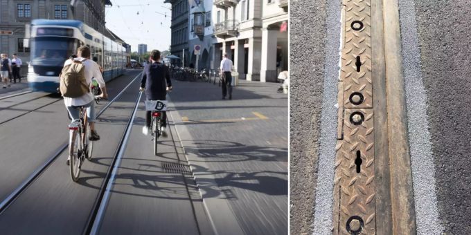Ein Gummi im Tramgleis soll Velofahrer schützen. Gleise