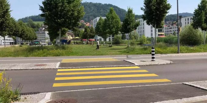 Ein Zebrastreifen führt Fussgänger zum Liebefeld Park. Fussgängerstreifen Liebefeld Park