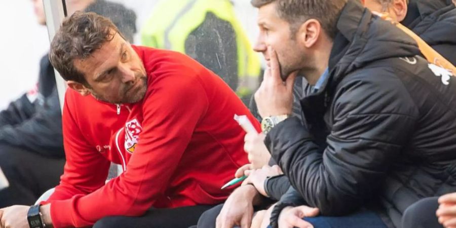 Kritische Blicke: VfB-Coach Markus Weinzierl (l) und Sportvorstand Thomas Hitzlsperger. Foto: Sebastian Gollnow
