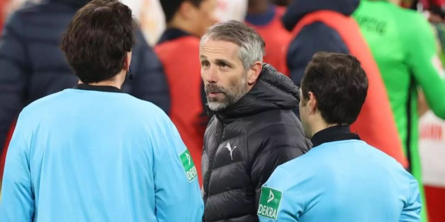 War nach Gladbachs Niederlage in Leipzig sichtlich angefressen: Borussia-Coach Marco Rose. Foto: Jan Woitas/dpa-Zentralbild/dpa